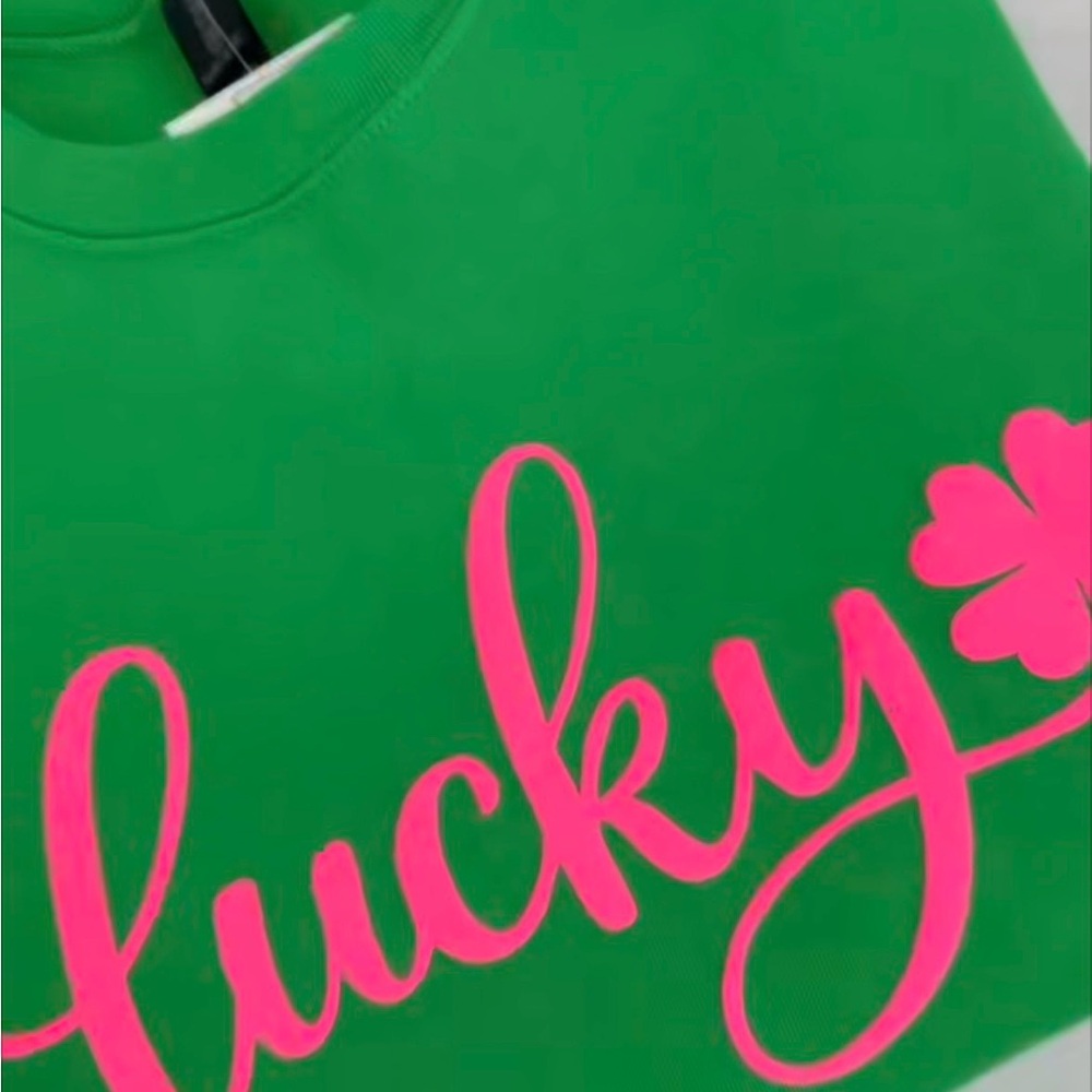 Green Sweatshirt with Pink Lucky Print- msg me with size needed! Made to Order!
